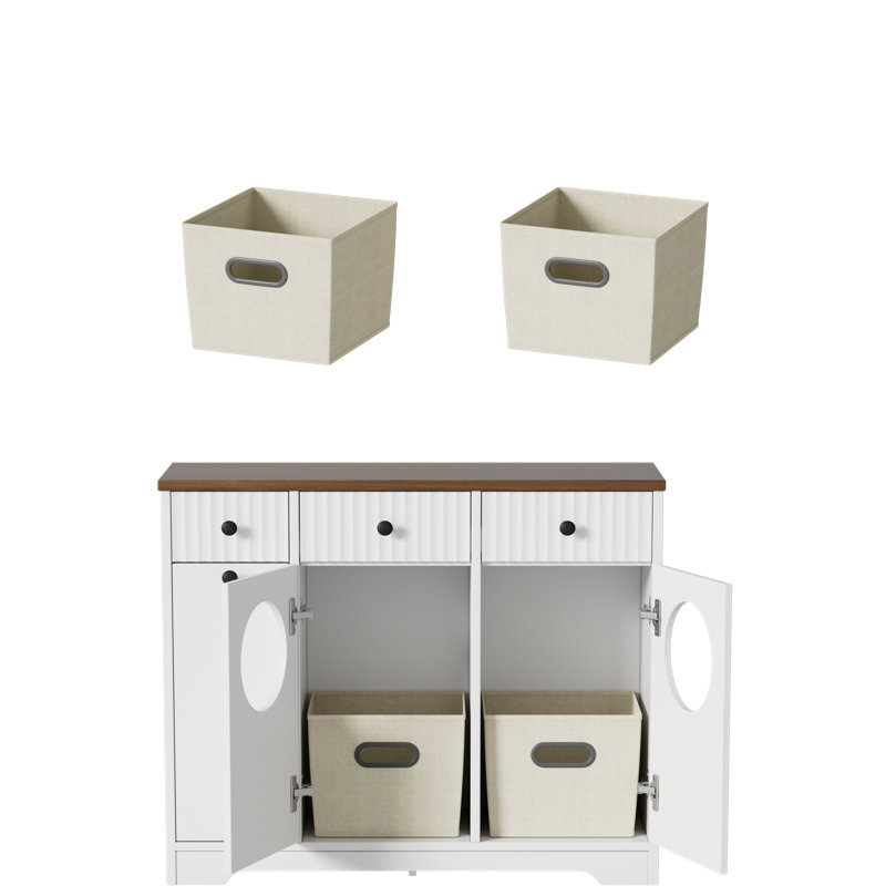 Armoire pour panier à linge avec tiroirs, 2 paniers à linge amovibles, support pour sèche-cheveux coulissant et trieur de linge avec trous de chute