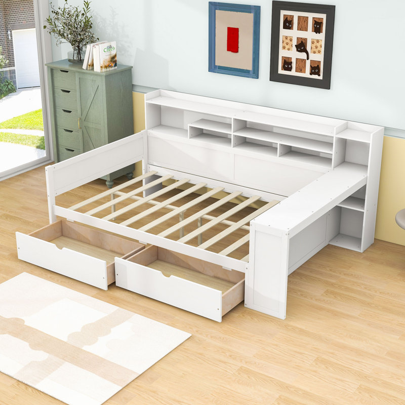 Wooden Daybed with Storage Shelves and Study Desk, Antique White, Full