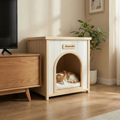 Modern Indoor Wooden Dog House with Removable Cushion – Solid Cedar Pet House for Small Dogs & Cats, Furniture-Grade Scandinavian Design