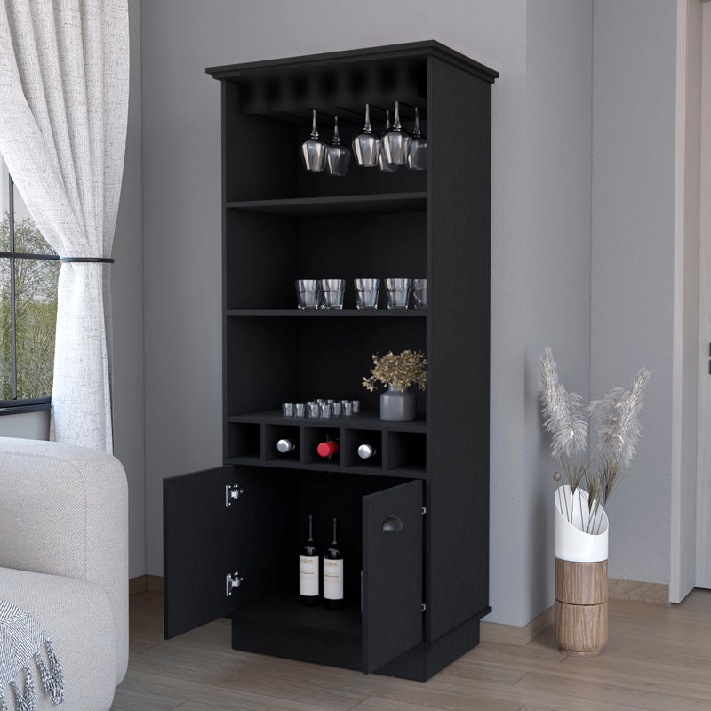 Modern Black Bar Cabinet Featuring Glassware Display And Spacious Storage Area With Rack Functional Interior