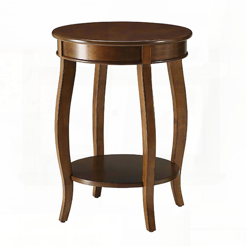 Walnut Round Side Table with Bottom Shelf and Cabriole Legs, Brown