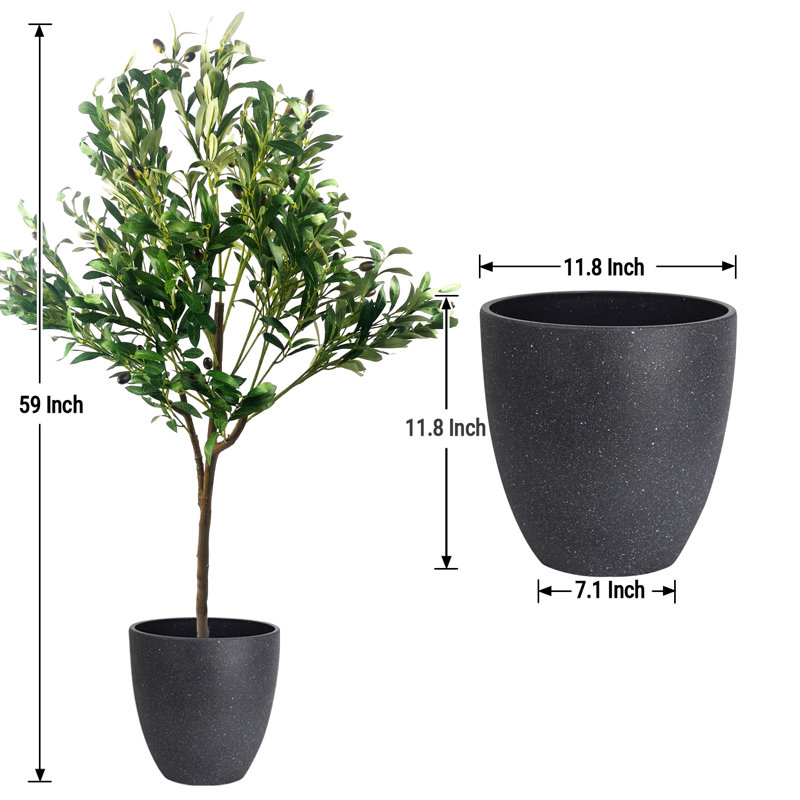 Pots à plantes ronds en olivier artificiel type C avec plateau, H 59,06 po x l 19,69 po x P 19,69 po, Noir