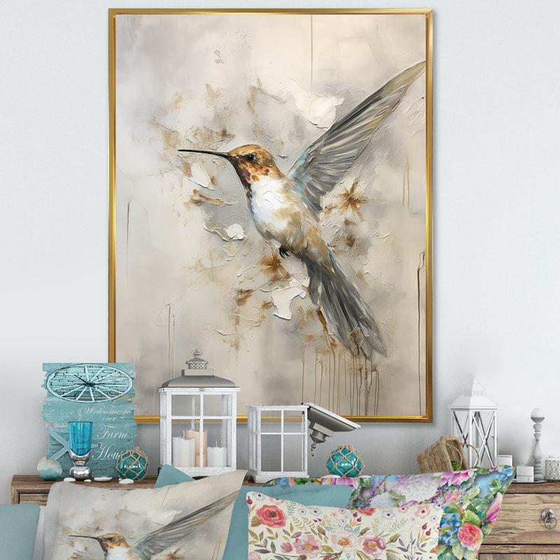 Colibri floral flottant II - Art mural colibri, Cadre flottant doré, H 32 po x l 16 po x P 1 po