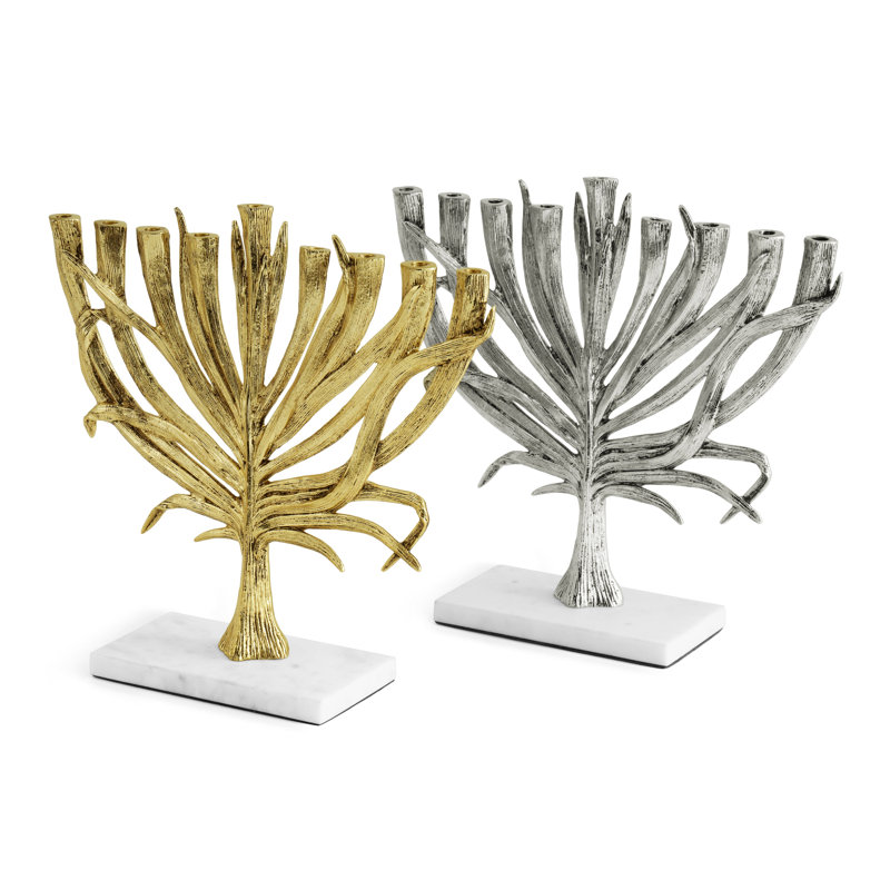 Palm Small Menorah, Antique Gold/White