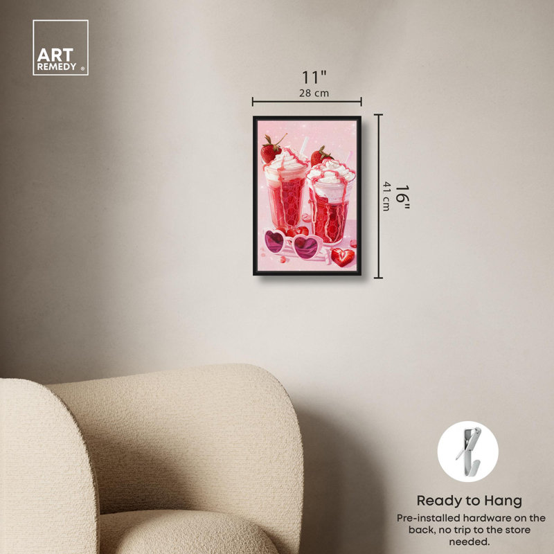 Art Remedy Art sur toile Fraise Glam Milkshake, Noir, noir, noir, noir, Reproduction encadrée sans passe-partout