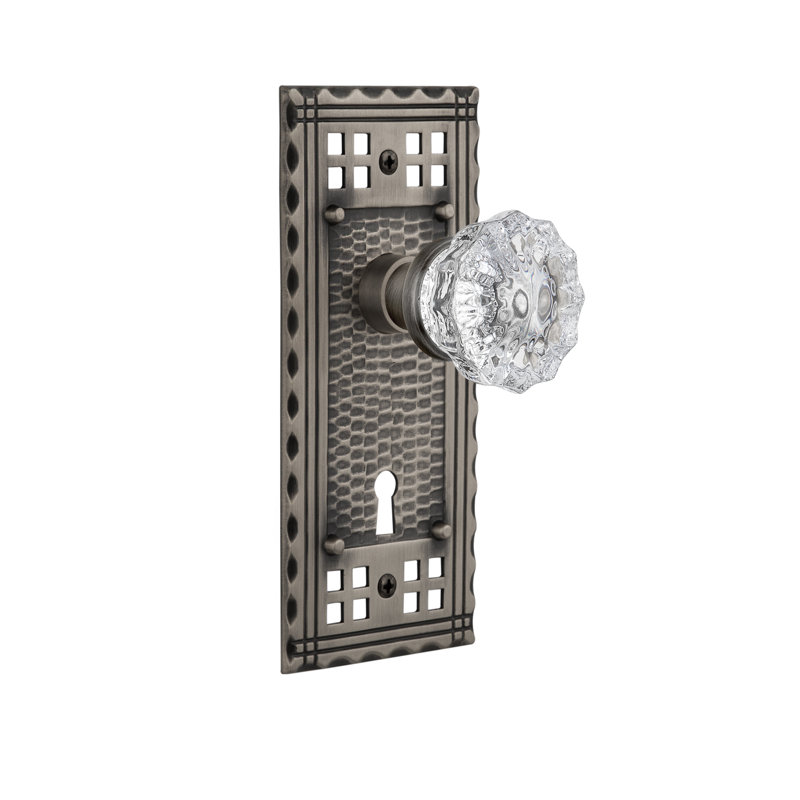 Clear Crystal Interior Mortise Door Knob with Craftsman Long Plate, Antique Pewter