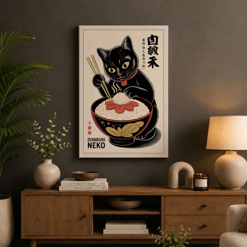 Beckoning Noodle Cat Japandi - Wrapped Canvas, 30x20 - 76.2 x 50.8 cm, Black Border