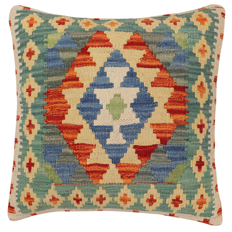 Oreiller rustique en kilim tissé à la main Beaton, Rouille / bleu / vert / beige, H 20 po x l 19 po