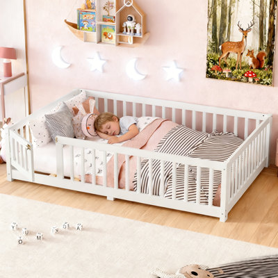 White Twin Floor Bed With Safety Fence And Door
