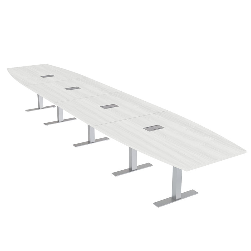 Table de conférence en forme de bateau avec base en T en métal | Unité électrique, L 240 po x l 48 po, Cyprès blanc