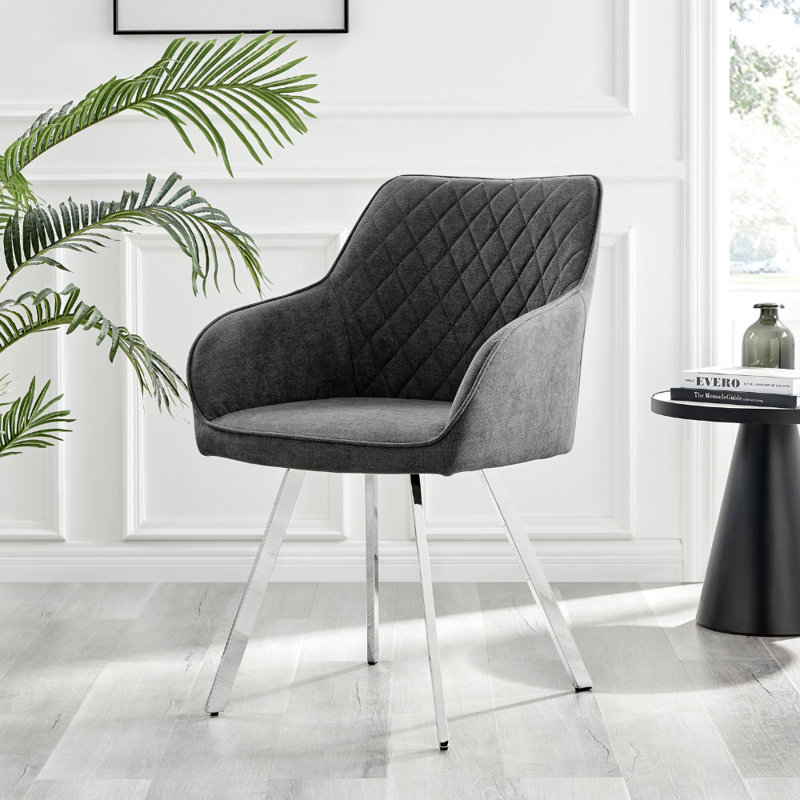 Eubanks Luxury Fabric Upholstered Dining Chair with Chrome Metal Legs - Modern Home, Silver, Dark Grey
