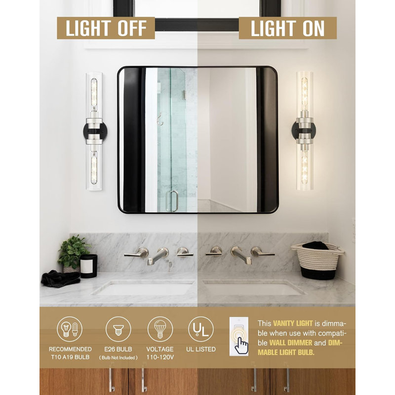 Éclairage de meuble-lavabo moderne avec abat-jour en verre, appliques murales à 2 lumières pour miroir, chambre à coucher et couloir, homologué UL