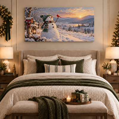 «Snowman with Red Cardinal in Golden Winter Sunset», art mural sur toile