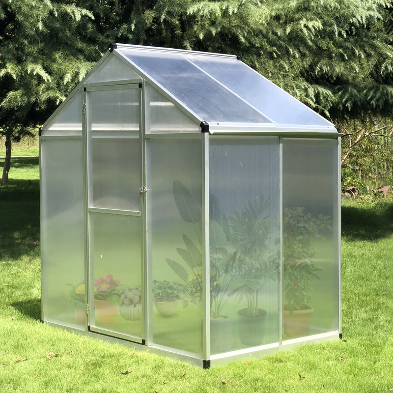 4' L x 6' W Walk-In Polycarbonate Greenhouse with Roof Vent for Ventilation & Rain Gutter, Hobby Greenhouse for Winter