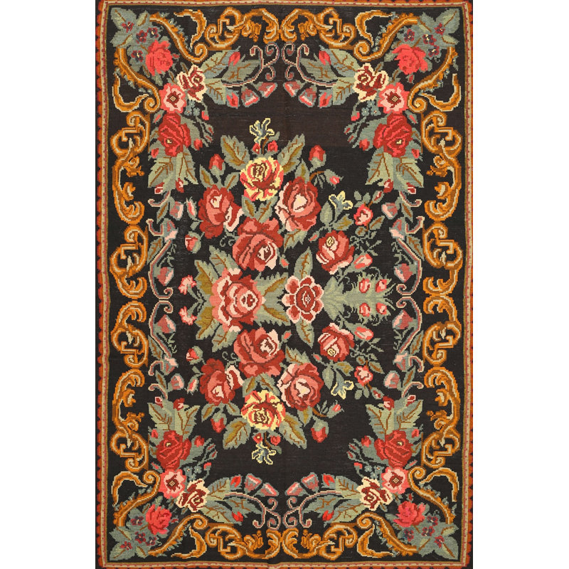Tapis bleu / beige en laine / polyester tissé à la machine Oriental, Rectangle 5 pi x 7 pi