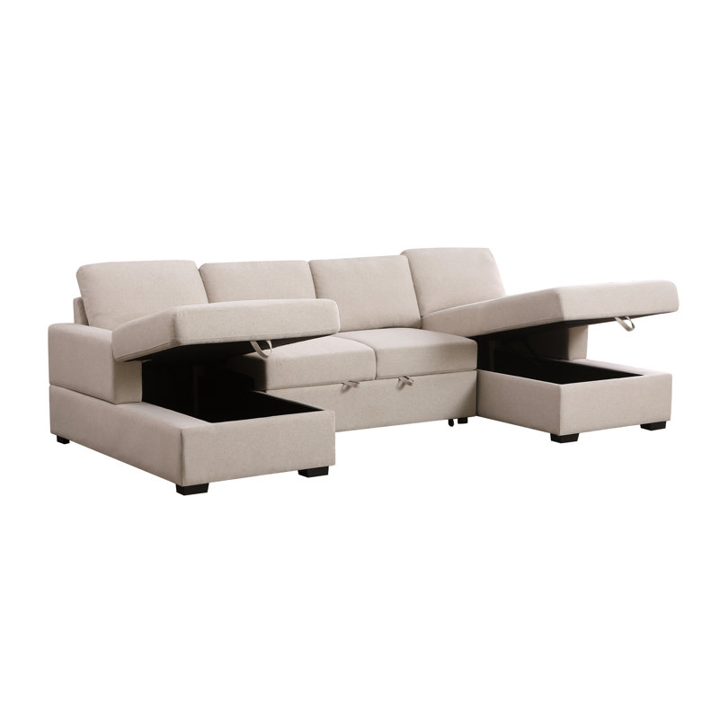 Upholstered U-Shaped Sectional Symmetrical, Beige Linen Blend