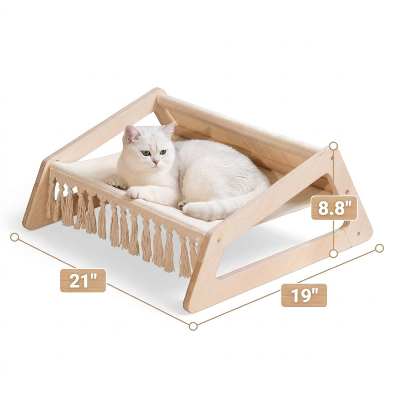 Lit hamac pour chat avec housse lavable amovible, canapé pour animaux de compagnie, chaise longue surélevée pour chat, mobilier pour chat en bois, grand