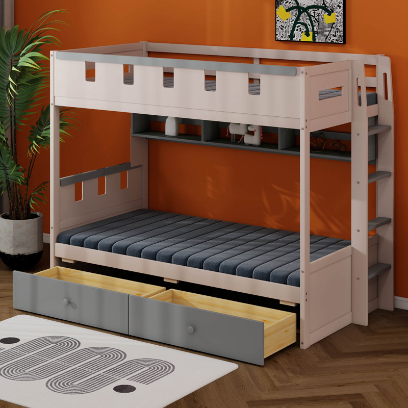 Bunk Bed With Storage Drawers, Playhouse Bed Frame With Shelf And LED Light, Geometric Window Style Railing, Ladder, Gray
