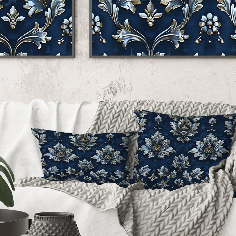 Coussin décoratif bleu marine damassé Glam, H 18 po x H 18 po