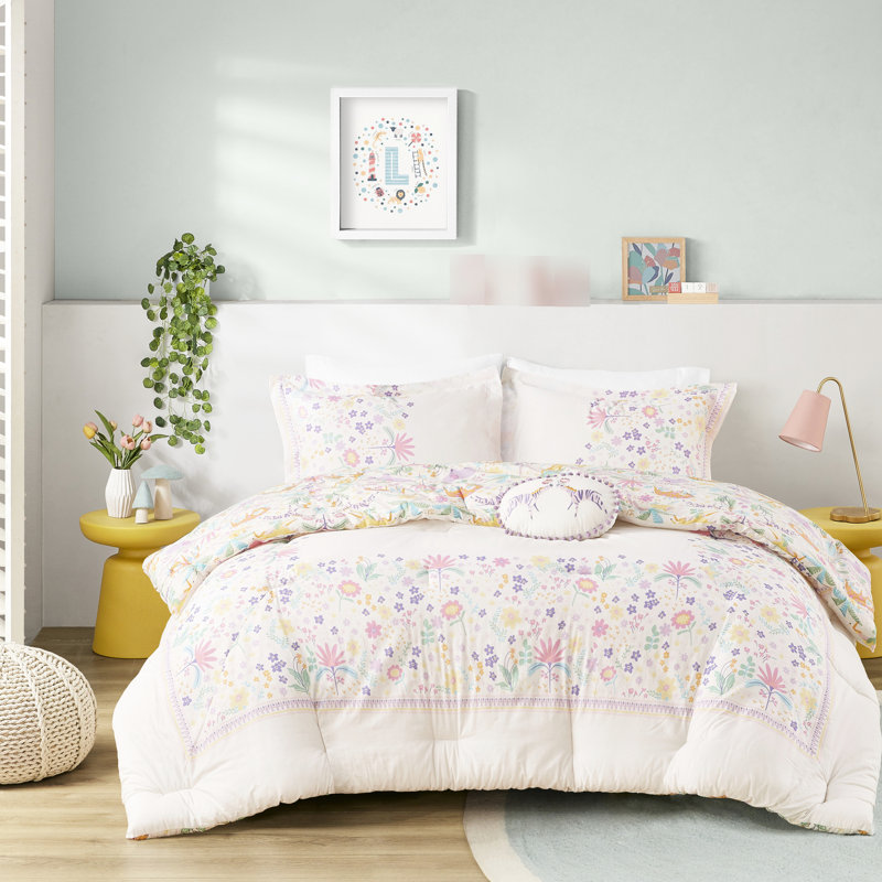 Édredon réversible en coton mauve à motif floral avec 3 éléphants et autres motifs d'herbivores, lavable à la machine pour tous les animaux d'Afrique