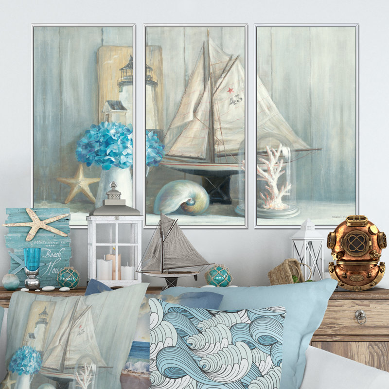 Maison nautique d'été - ensemble d'art mural sur toile encadré nautique et côtier de 3