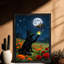 Art encadré noir rétro Un renard noir tenant des feuilles brillantes dans la mer de fleurs au clair de lune, impressions sur toile de style rétro-1561360157