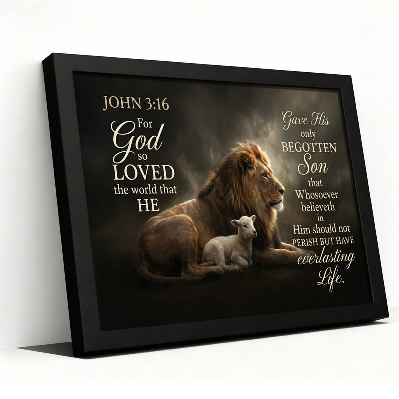 Tableau mural sur toile représentant un lion et un agneau avec le verset biblique Jean 3:16, H 16 po x l 24 po