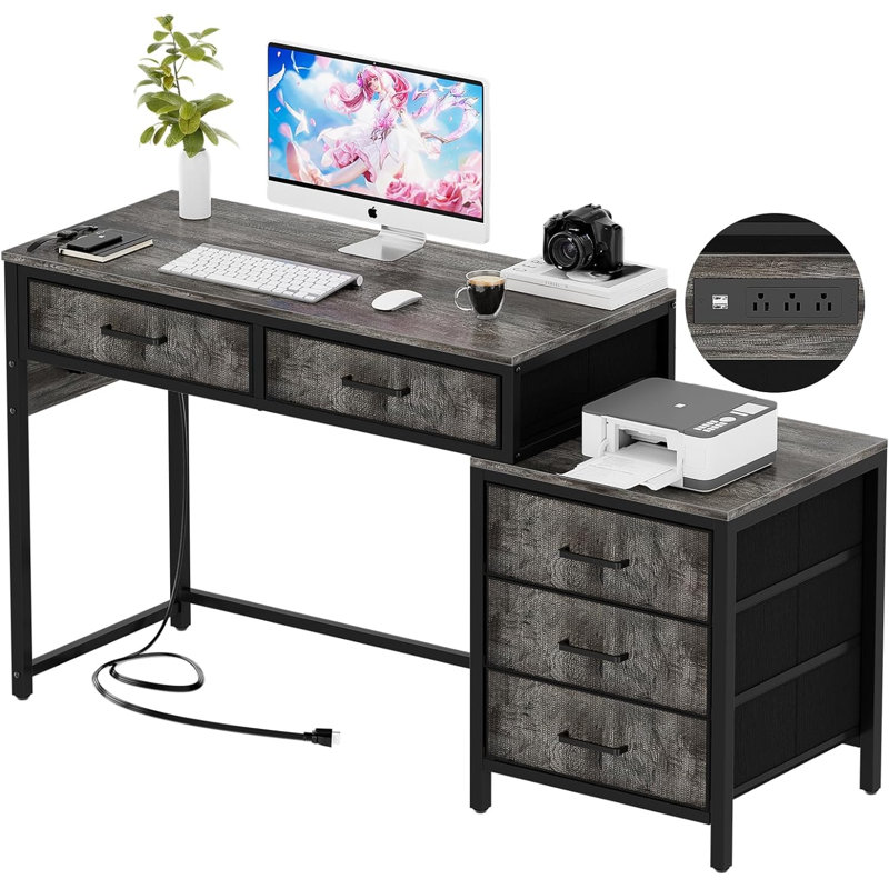 Bureau d'ordinateur à 5 tiroirs, bureau réversible avec prises de courant, bureau d'écriture robuste avec classeur et support pour imprimante, meuble-lavabo avec rangement pour les petits espaces