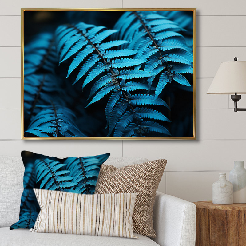 Ferns Turquoise Whimsy I - imprimé, H 34 po x l 44 po x P 1,5 po, Cadre flottant doré
