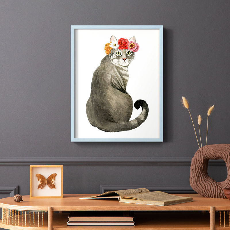 «Flower Crown Cats I», reproduction encadrée - bois massif, Cadre simple noir, H 14 po x l 11 po