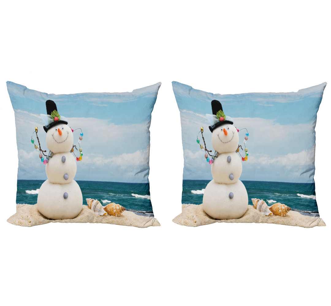 Ambesonne Snowman Throw Pillow Cushion Cover Pack Of 2, Winter Vacation Holiday Theme Figure Seashells Sitting On Sandy Beach Coastal, Zippered Double-Side Digital Print Decor, 18", Multicolor (Set of 2) Ambesonne 