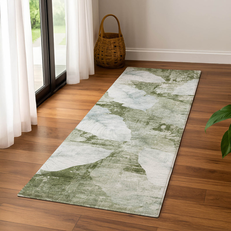 Premium Machine Washable Mayfield floral Rug, 2'3" x 7'6" Runner, Aloe