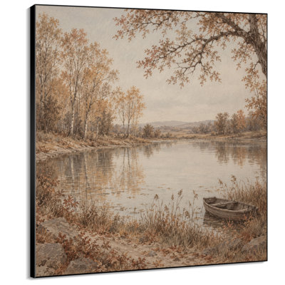 Très grand reproduction d'art sur toile - Lac d'automne rétro avec barque et arbres pour le salon ou la chambre à coucher - «Assemblage requis du cadre (cadre non fini)»