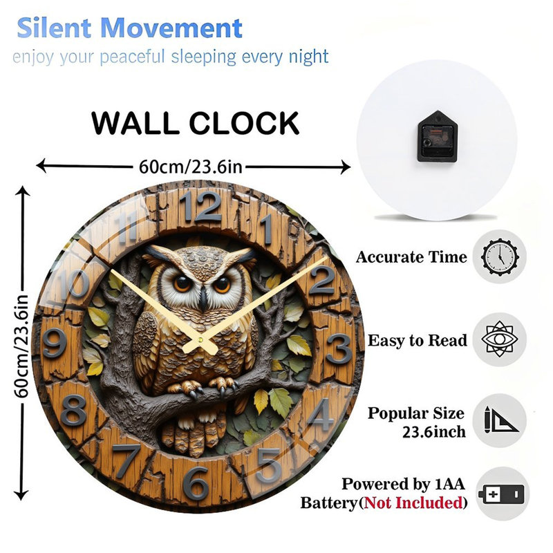 Owl Wall Clock Decor Art - 24‘’ Modern Glass Wall Clock