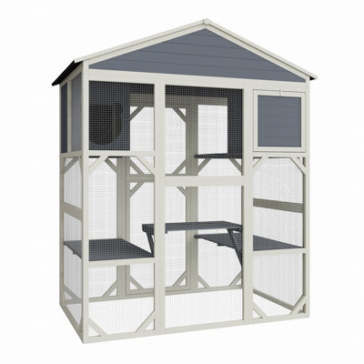Enceinte d'extérieur pour chat en bois gris avec dessus imperméable, 3 plateformes et 2 cages pour animaux de compagnie