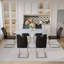 Ensemble de salle à manger à pieds en acier inoxydable avec plateau en verre trempé blanc de 63 pouces et 6 fauteuils en forme de U de style minimaliste moderne-1498455320