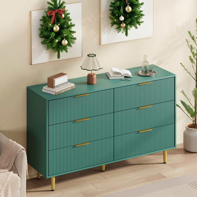 Commode 6 tiroirs cannelée pour chambre à coucher, commode en bois avec poignées en métal pour le rangement du salon ou du couloir