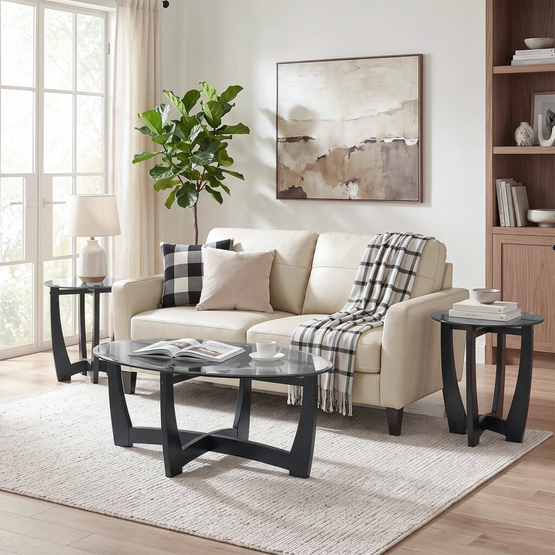 Ensemble de table basse et table de bout en verre 3 pièces, table basse ovale 48 po avec 2 tables d'appoint rondes de 23,5 po, base en bois pour le salon
