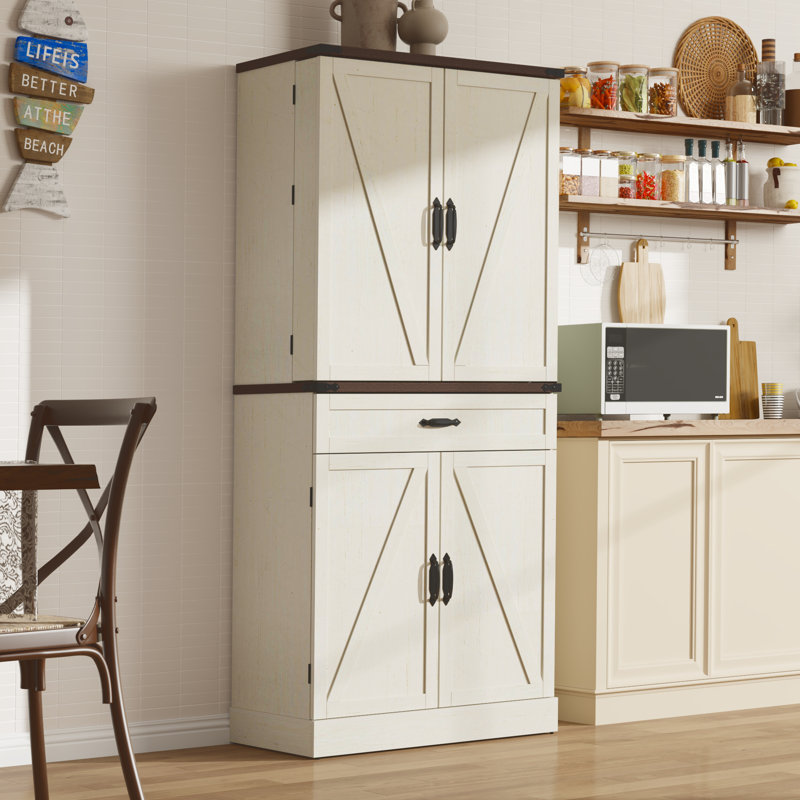 71.3" Kitchen Pantry With 6 Door Shelves, 2 Sliding Storage Trays, And 1 External Drawer, White