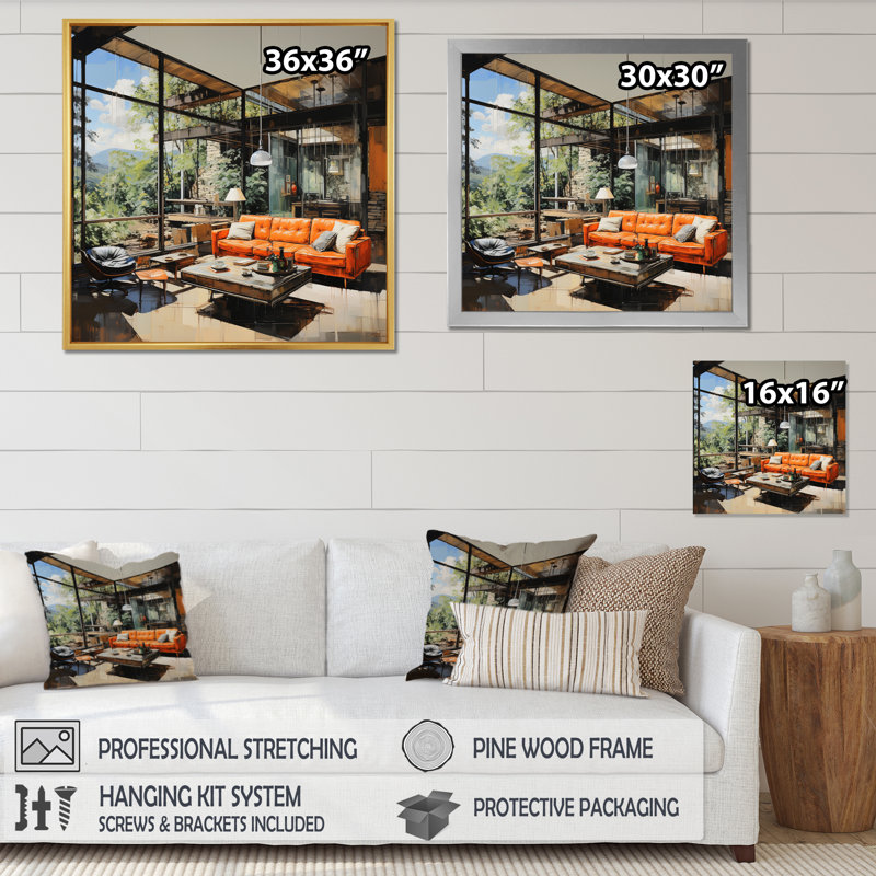 Coral Black Mid Century Elevated Elegance II - Mid-Century Canvas Art Print, Cadre flottant doré