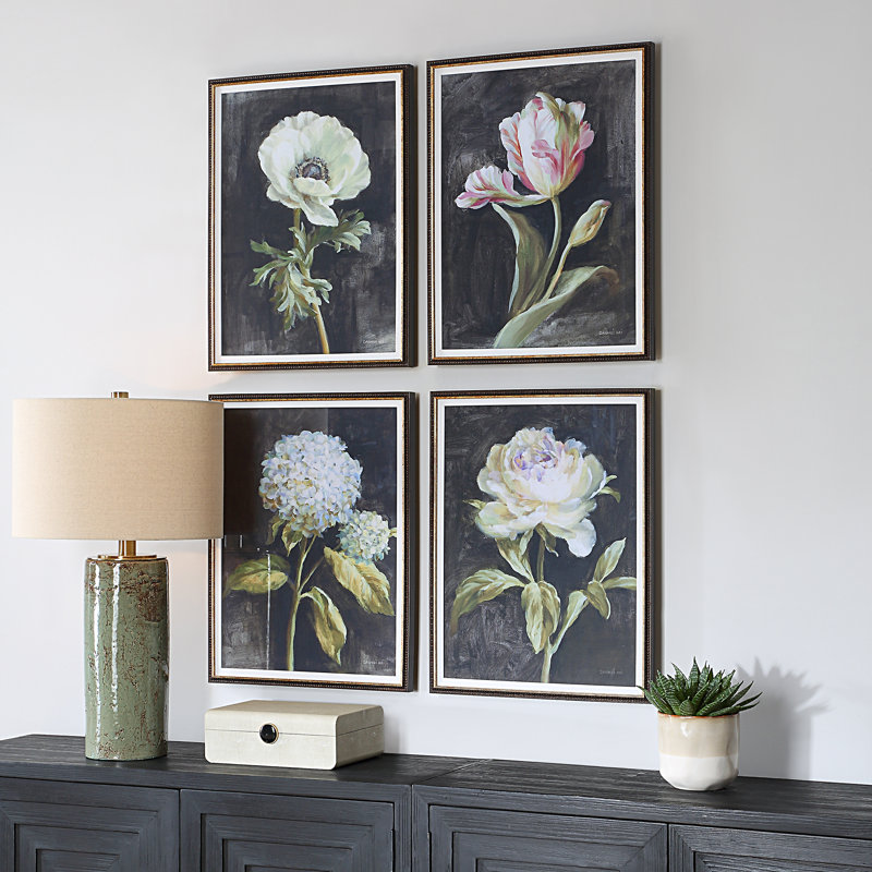 Florals On Black Framed Prints, Set/4