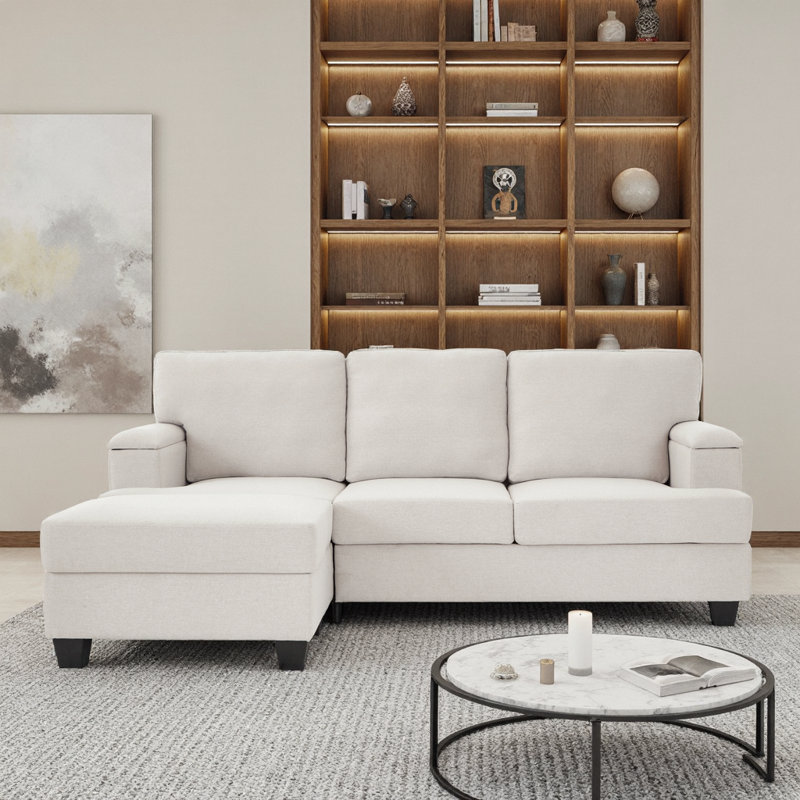 Modern Beige L-Shaped Sofa with Storage Ottoman & Modular Design, Beige Linen