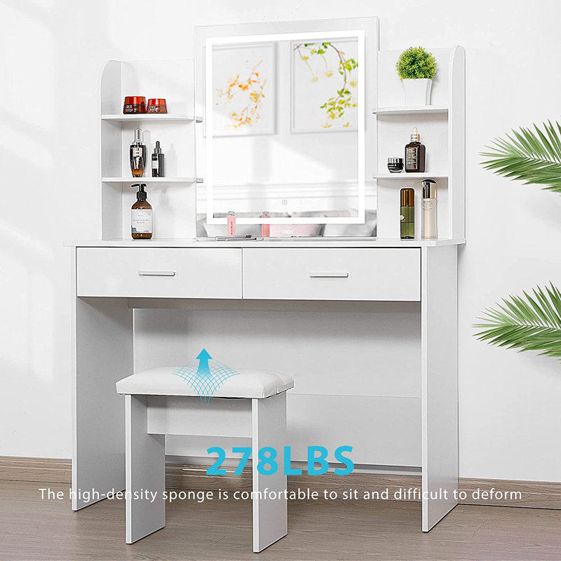 Decorian Makeup Vanity Table Set With 3-colour Dimmable Lighted Mirror, White