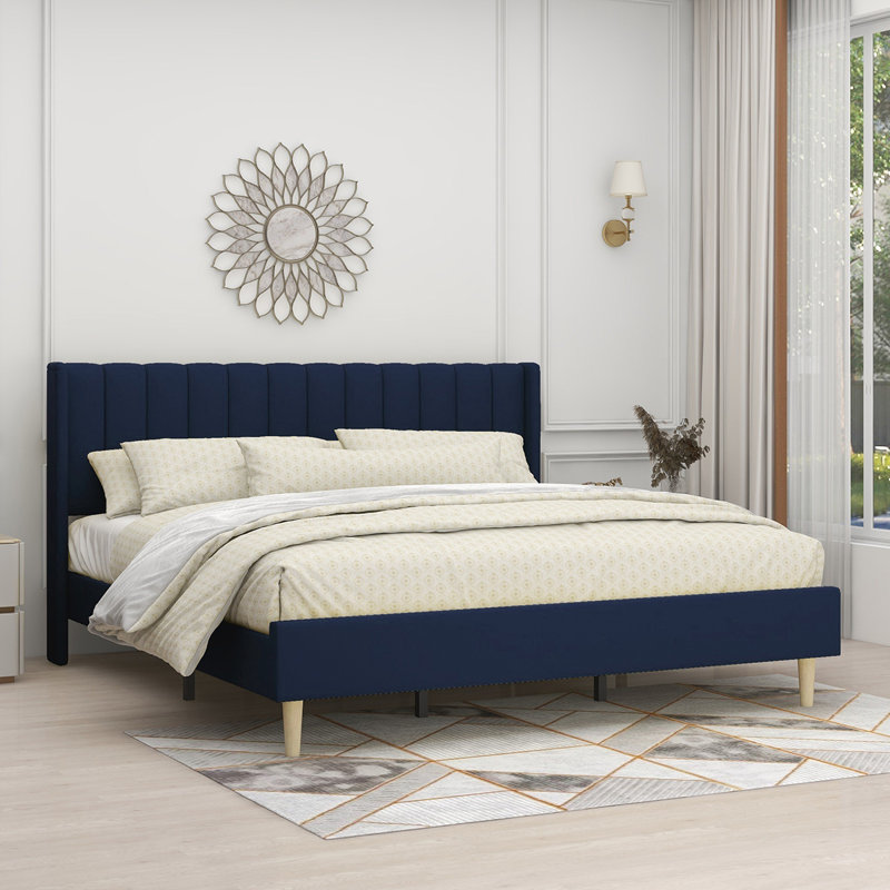 Lit plateforme tapissier avec tête de lit à oreilles Eriksay, Très grand, Lin bleu foncé