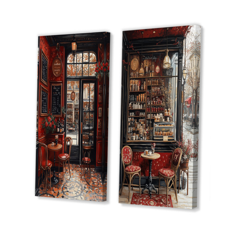 Rouge et noir «French Cafe Clair Au Caramel I», ensemble d'art mural français 2 pièces, H 32 po x l 32 po, Toile tendue