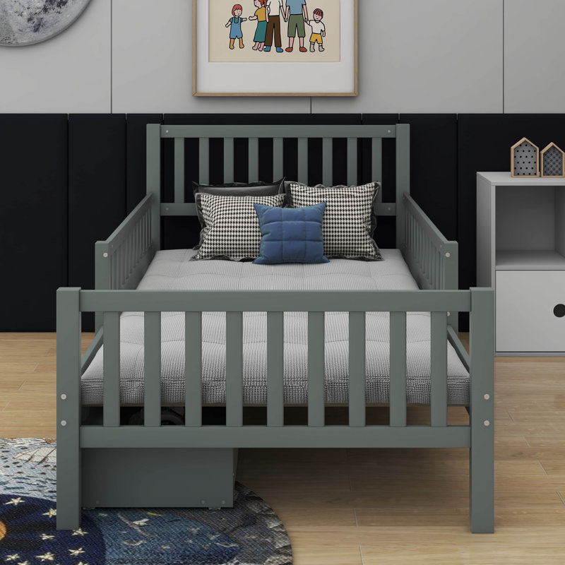 Lit plateforme simple en bois avec garde-corps et deux tiroirs