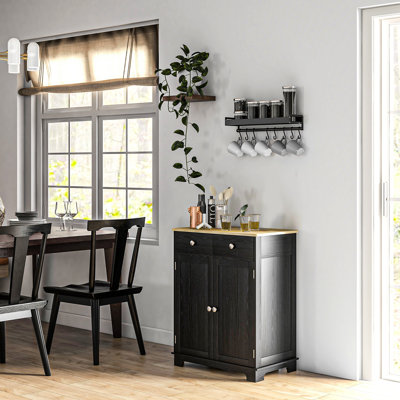 Buffet noir vieilli - comptoir en bois massif, 2 tiroirs, portes, tablette réglable pour la cuisine avec tablette à tiroirs, rangement