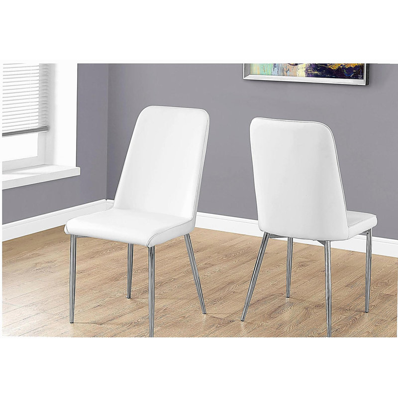 Chaise de salle à manger, ensemble de 2, latérales, rembourrées, cuisine, salle à manger, aspect cuir blanc, métal chromé, contemporain, moderne