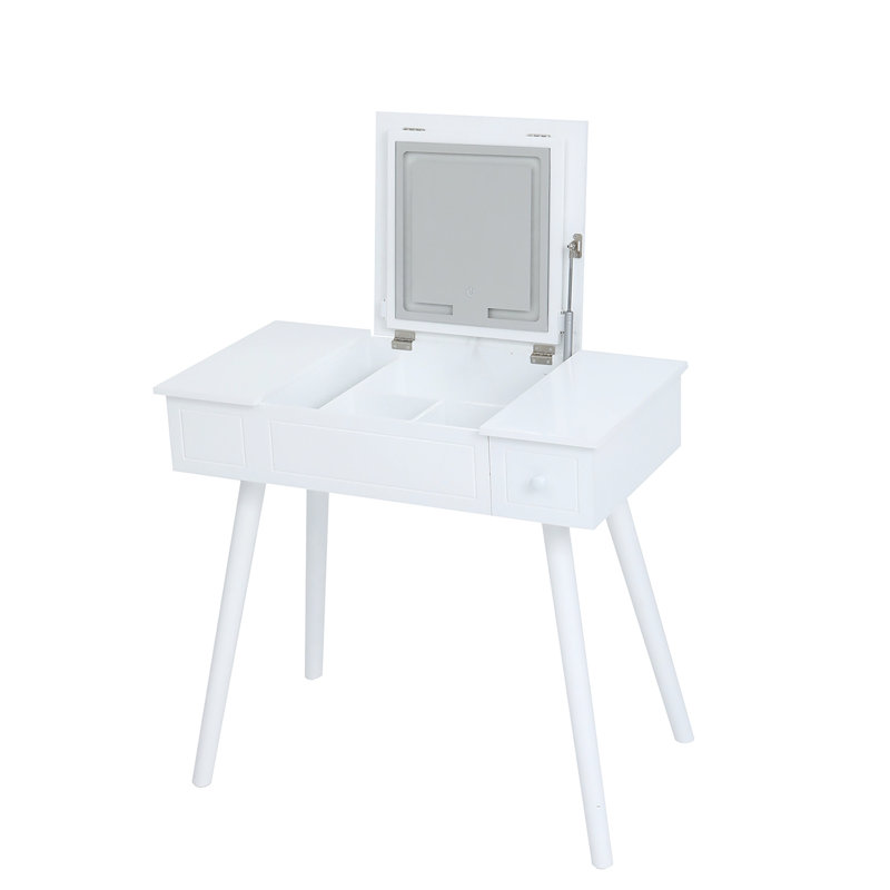 Meuble-lavabo en bois blanc laiteux avec miroir à DEL et prise de courant, table de maquillage de salle de bain, tiroir réglable, classique et élégant pour le rangement des cosmétiques