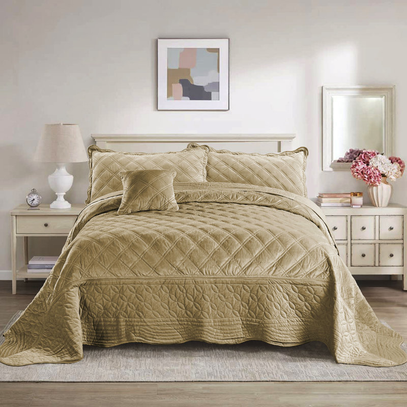 4 Piece Oversized soft Microplush Quilt Set, Queen Quilt + 2 Standard Shams + Throw Pillow, Taupe